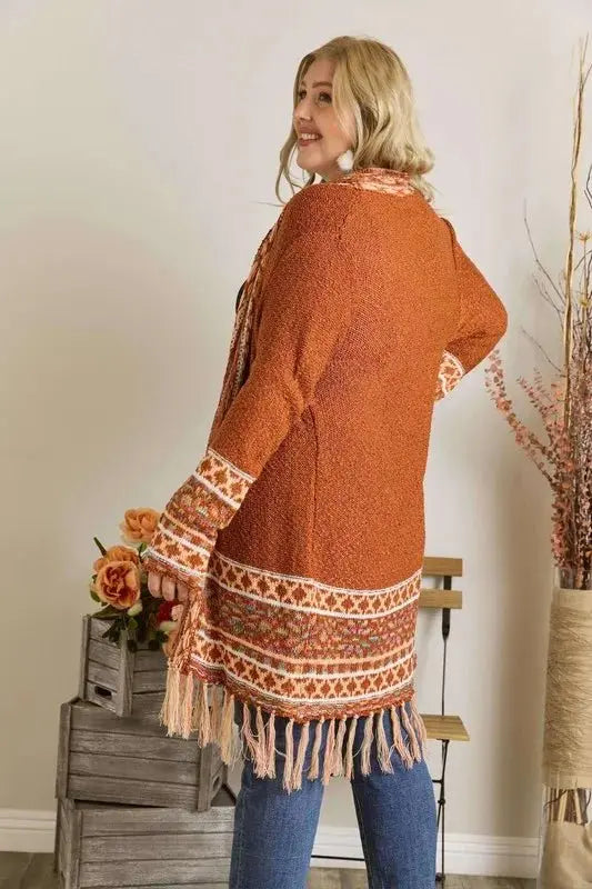 ADORA Full Size Fringe Hem Aztec Border Cardigan Plus Size - Love Salve
